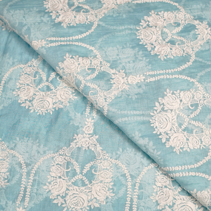 Elegant Aqua Blue Chanderi Fabric with White Floral Embroidery