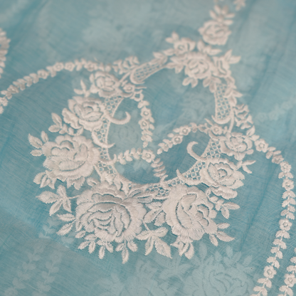 Elegant Aqua Blue Chanderi Fabric with White Floral Embroidery