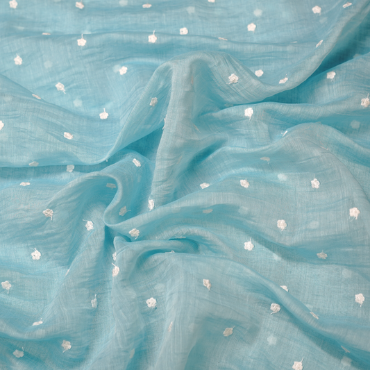 Graceful Sky Blue Chanderi Fabric with White Buti Design