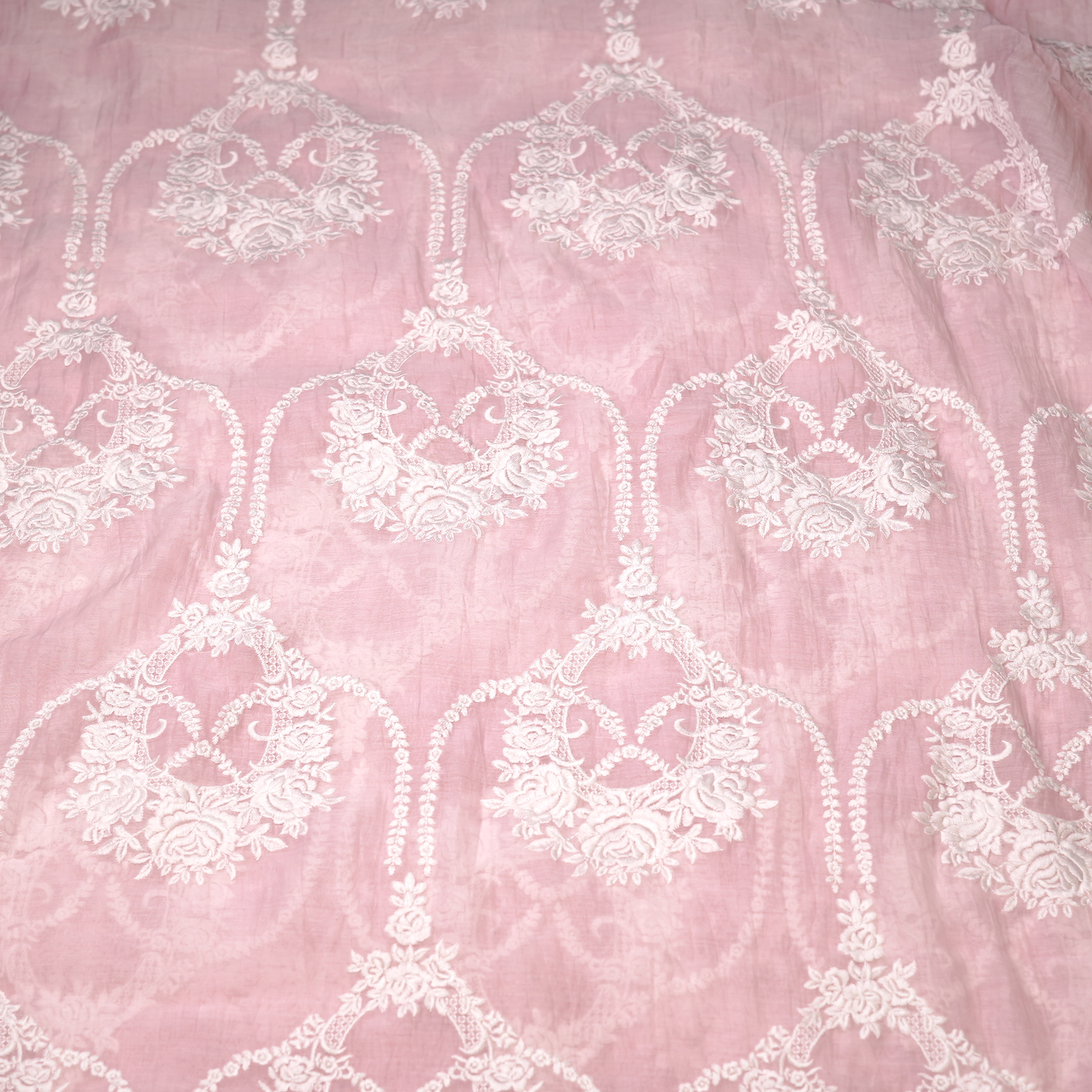 Elegant Pink Chanderi Fabric with White Floral Embroidery