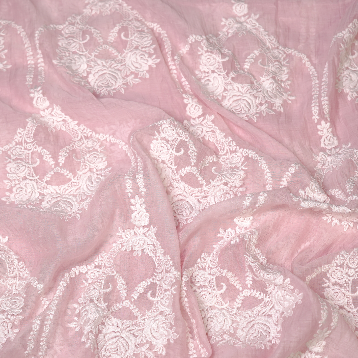 Elegant Pink Chanderi Fabric with White Floral Embroidery