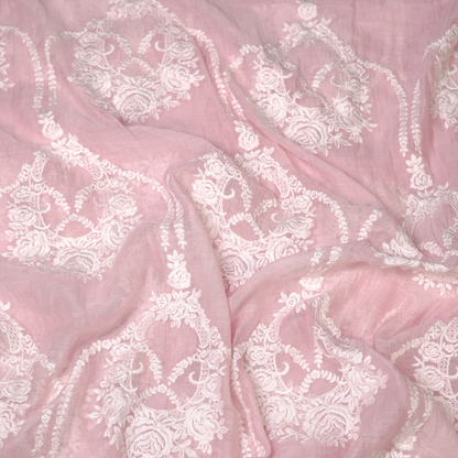 Elegant Pink Chanderi Fabric with White Floral Embroidery