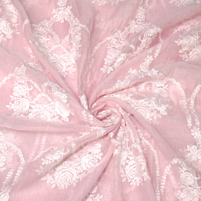 Elegant Pink Chanderi Fabric with White Floral Embroidery