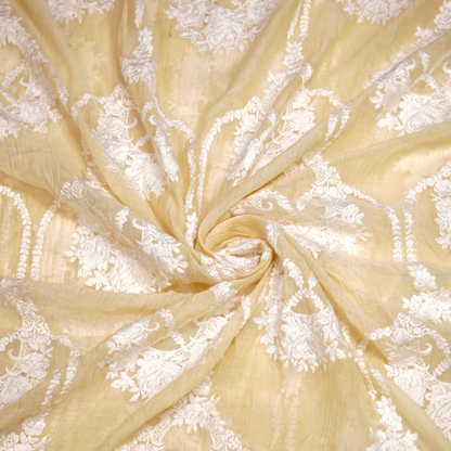 Elegant Pastel Yellow Chanderi Fabric with White Floral Embroidery
