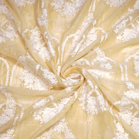 Elegant Pastel Yellow Chanderi Fabric with White Floral Embroidery