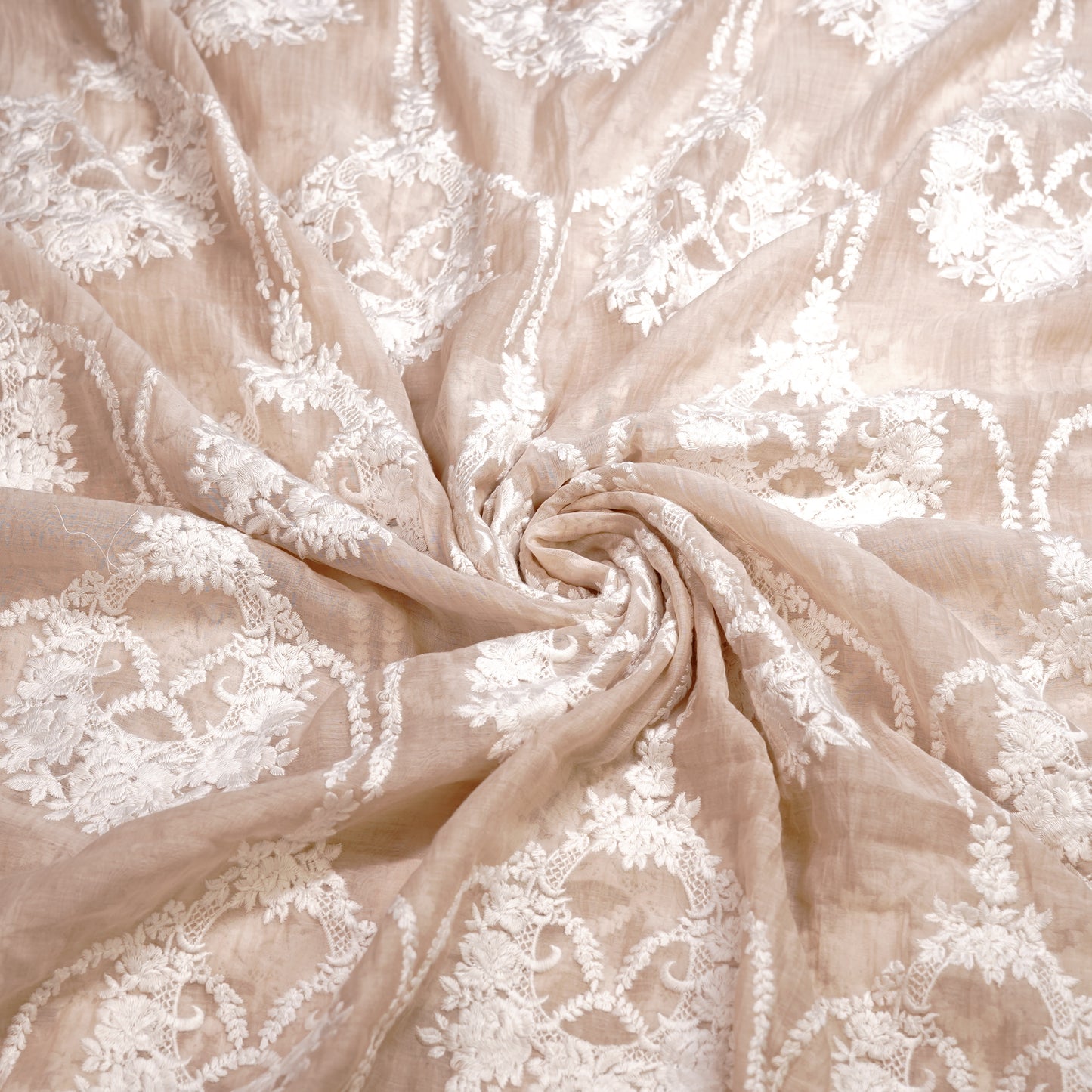 Elegant Beige Chanderi Fabric with White Floral Embroidery
