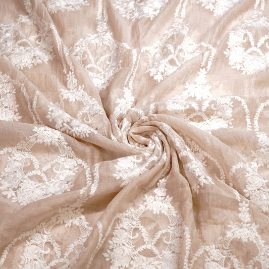 Elegant Beige Chanderi Fabric with White Floral Embroidery