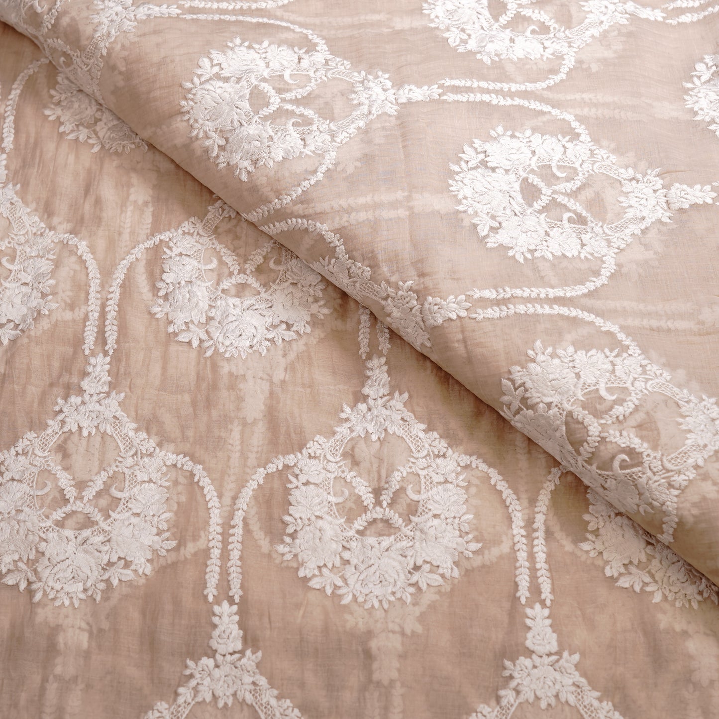 Elegant Beige Chanderi Fabric with White Floral Embroidery