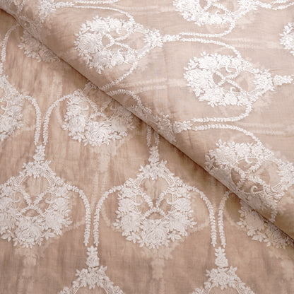 Elegant Beige Chanderi Fabric with White Floral Embroidery
