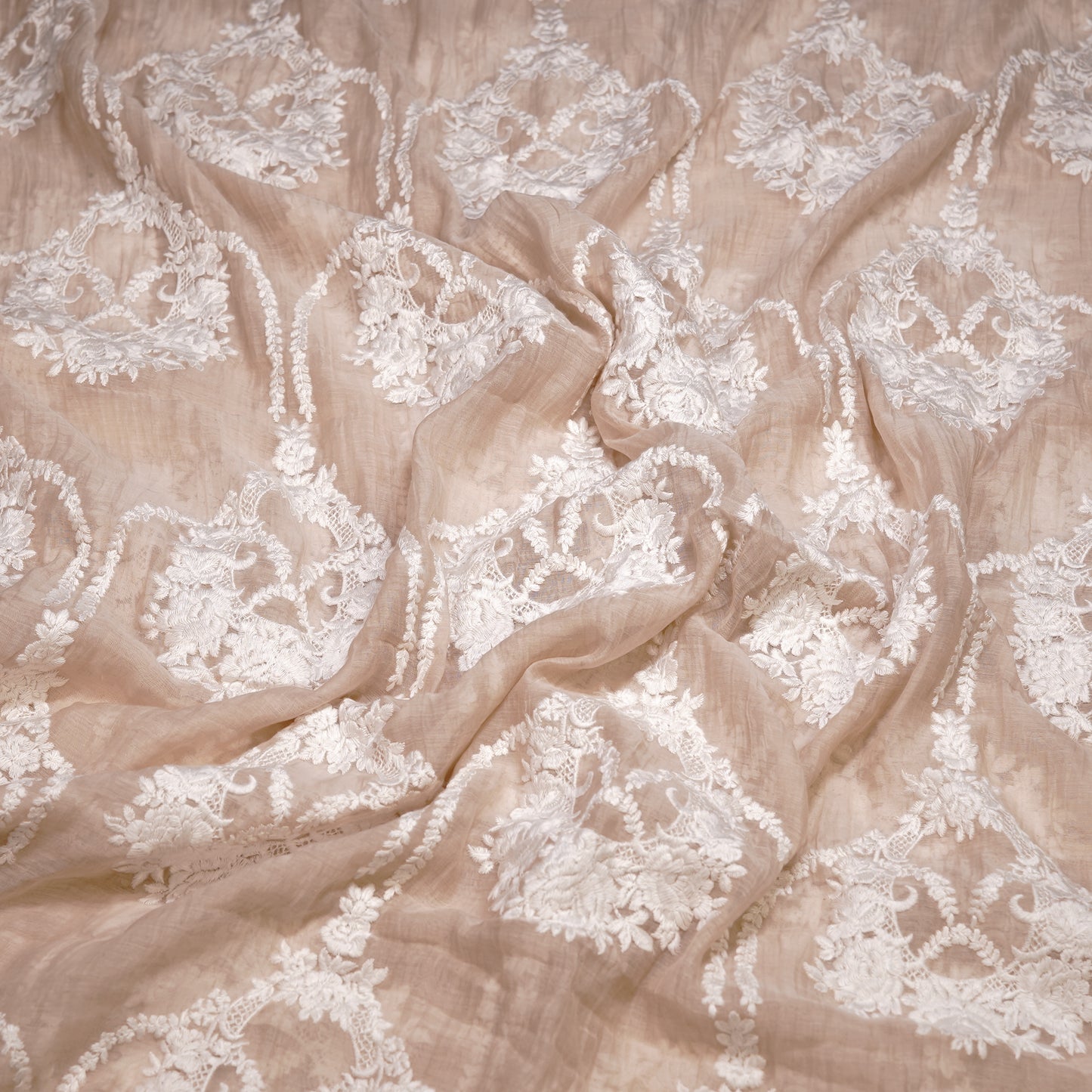 Elegant Beige Chanderi Fabric with White Floral Embroidery