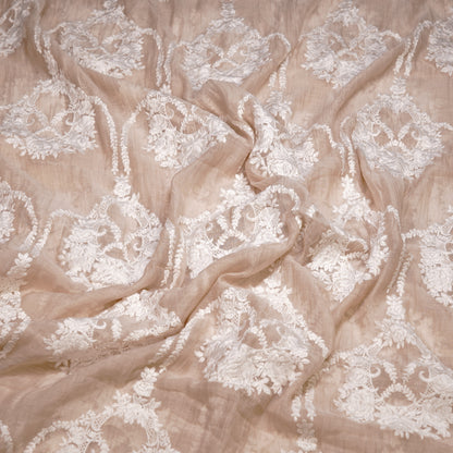 Elegant Beige Chanderi Fabric with White Floral Embroidery