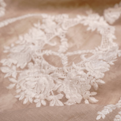 Elegant Beige Chanderi Fabric with White Floral Embroidery
