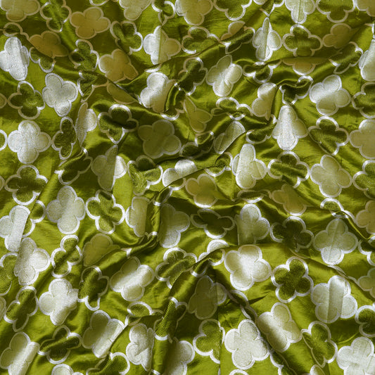 Olive Green & Silver Floral Banarasi Silk Fabric