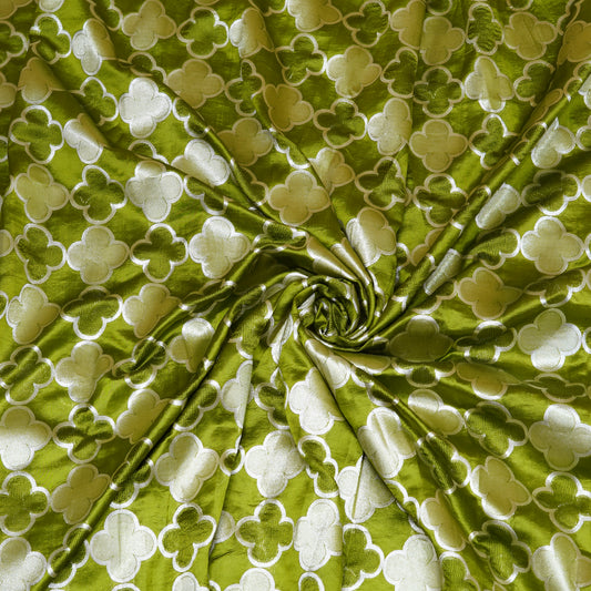 Olive Green & Silver Floral Banarasi Silk Fabric
