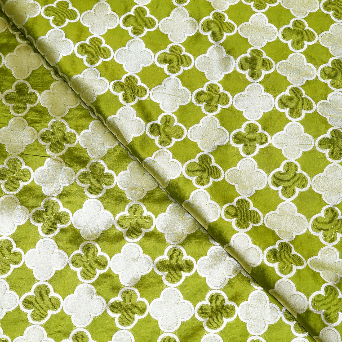 Olive Green & Silver Floral Banarasi Silk Fabric