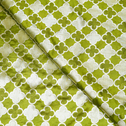Olive Green & Silver Floral Banarasi Silk Fabric