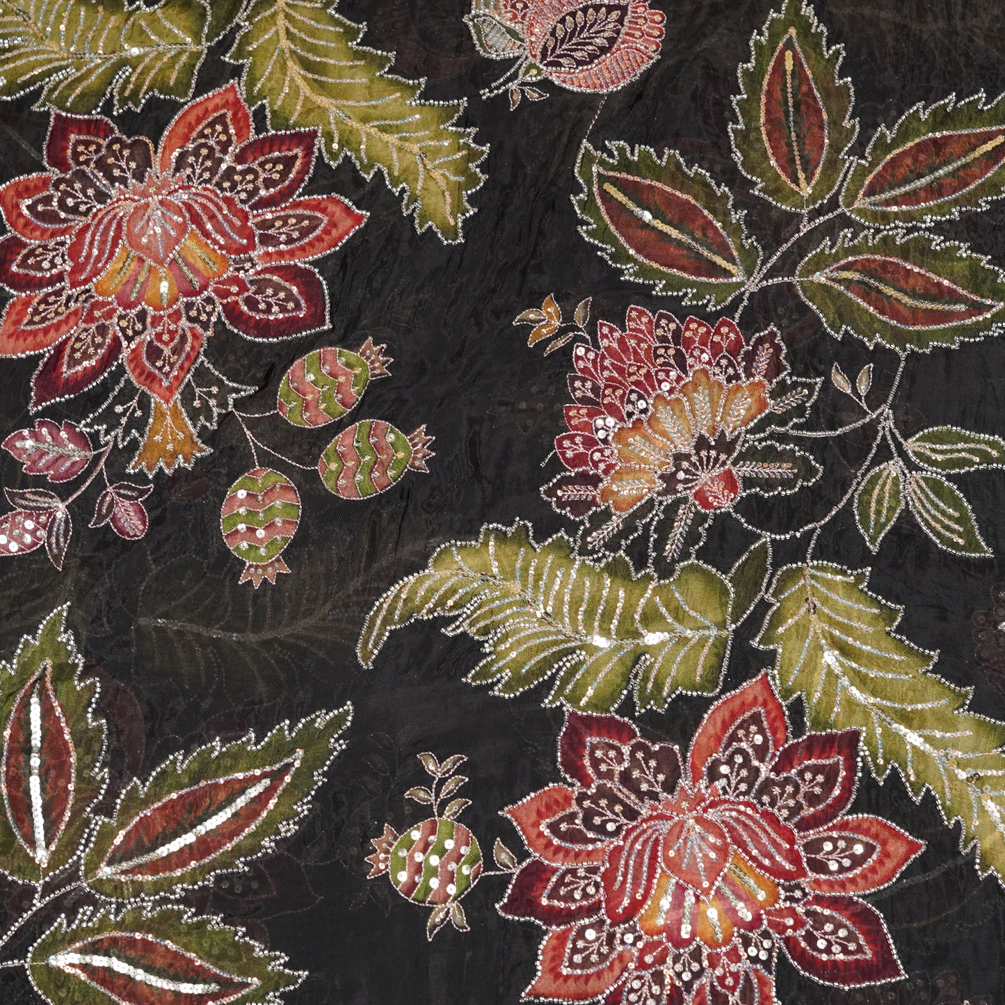 Black Multicolor Floral Embroidered Organza Fabric