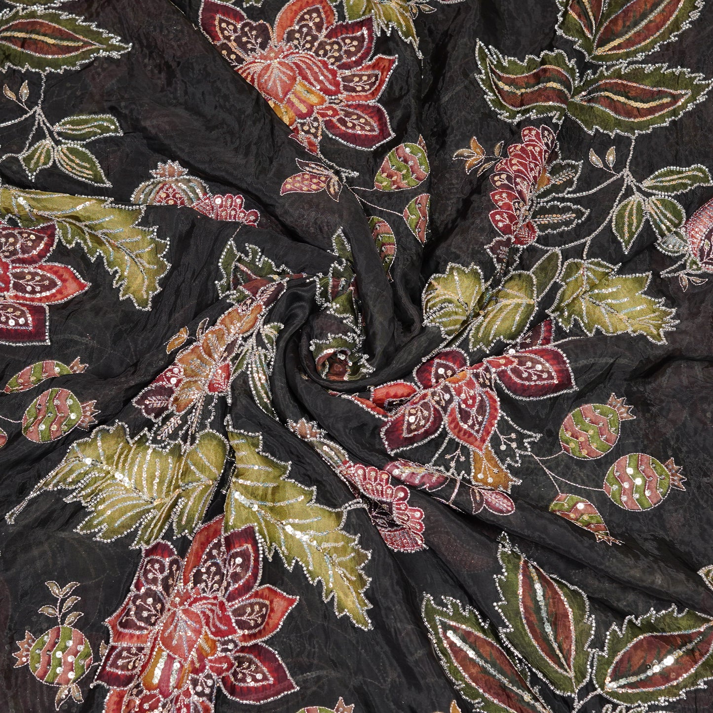 Black Multicolor Floral Embroidered Organza Fabric