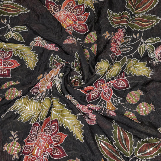 Black Multicolor Floral Embroidered Organza Fabric