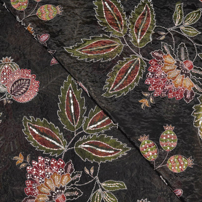 Black Multicolor Floral Embroidered Organza Fabric