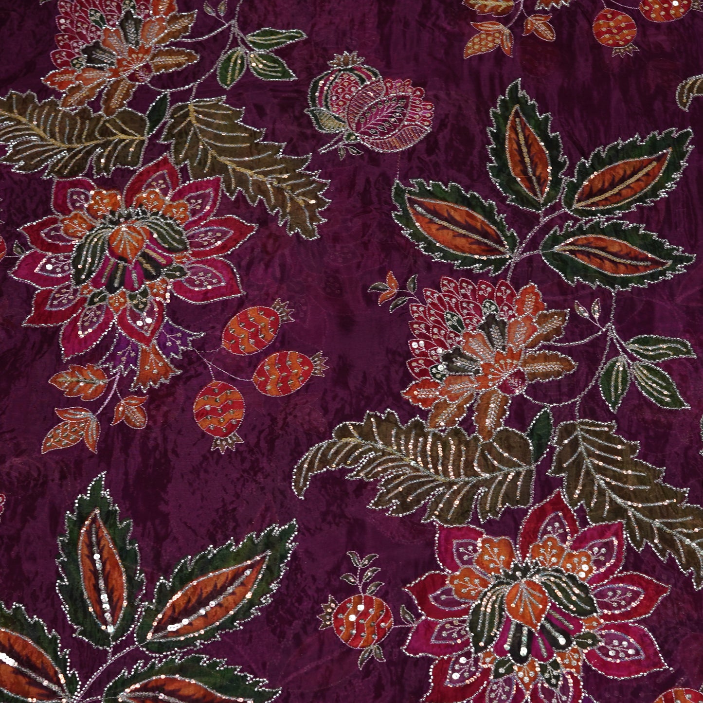 Purple Multicolor Floral Embroidered Organza Fabric