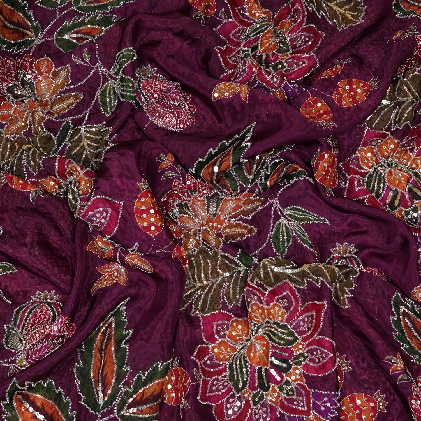 Purple Multicolor Floral Embroidered Organza Fabric