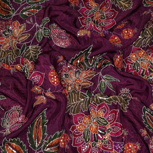 Purple Multicolor Floral Embroidered Organza Fabric