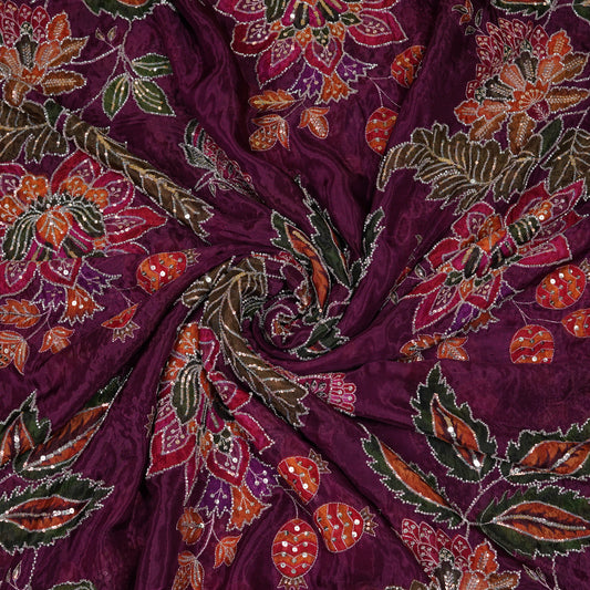 Purple Multicolor Floral Embroidered Organza Fabric