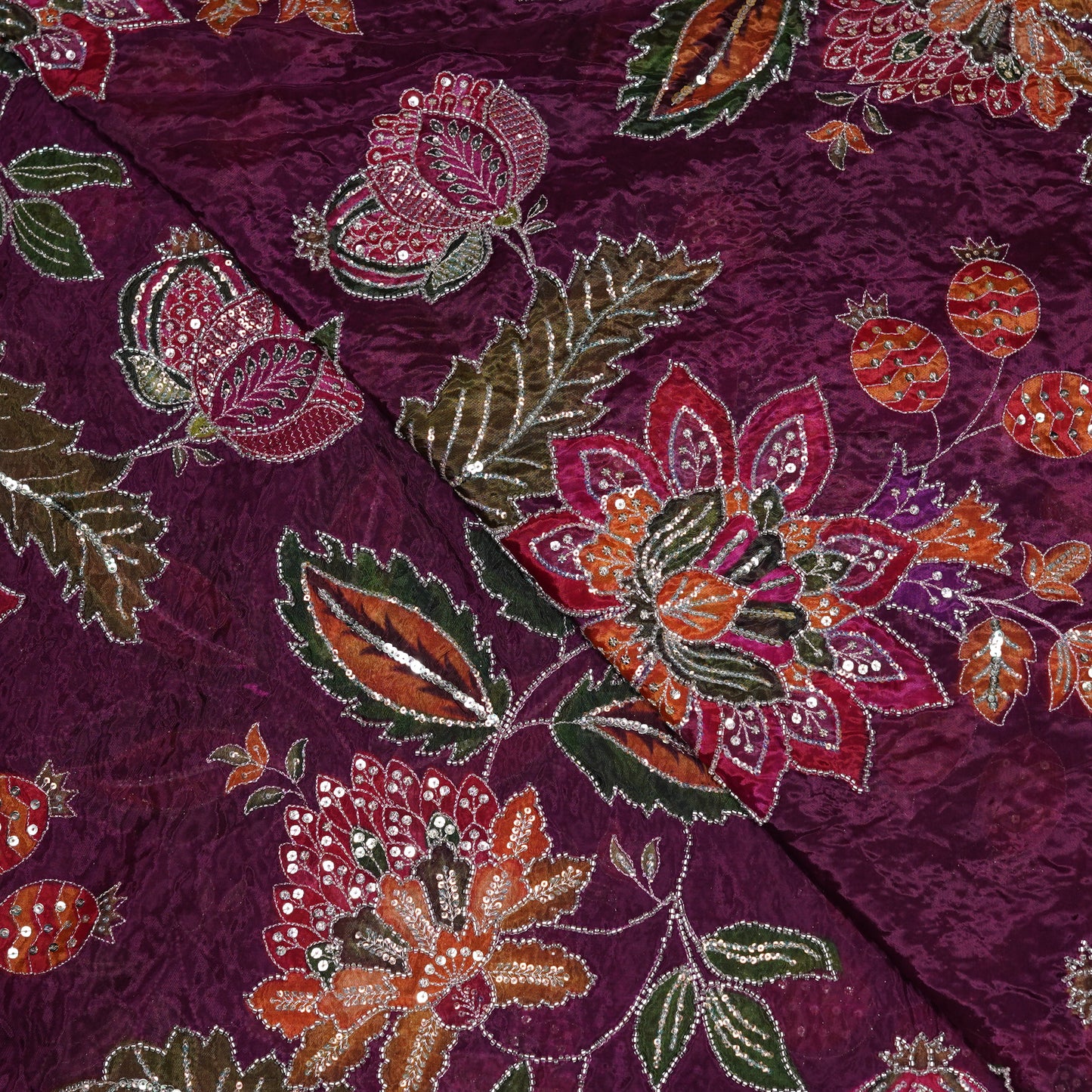 Purple Multicolor Floral Embroidered Organza Fabric