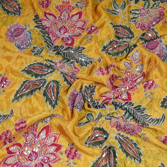 Yellow Multicolor Floral Embroidered Organza Fabric
