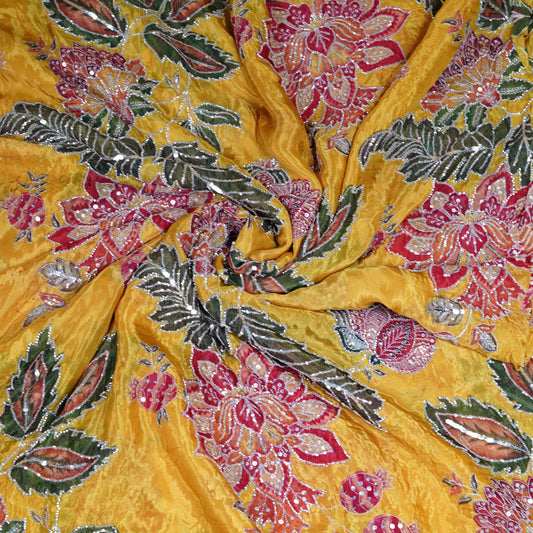 Yellow Multicolor Floral Embroidered Organza Fabric