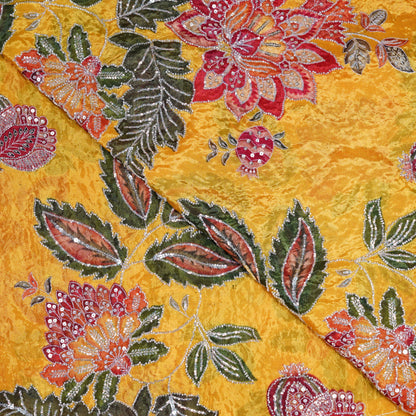 Yellow Multicolor Floral Embroidered Organza Fabric