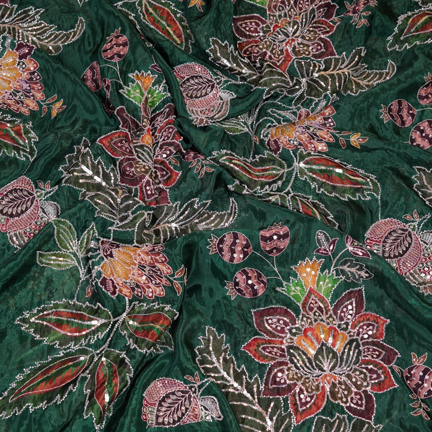Emerald Green Multicolor Floral Embroidered Organza Fabric