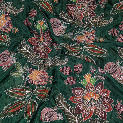 Emerald Green Multicolor Floral Embroidered Organza Fabric