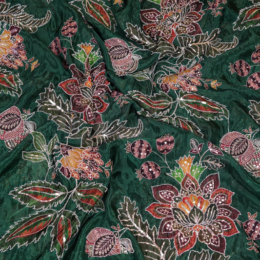 Emerald Green Multicolor Floral Embroidered Organza Fabric