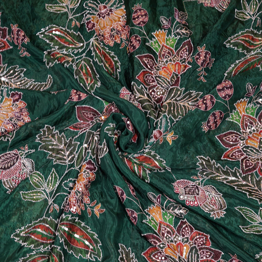 Emerald Green Multicolor Floral Embroidered Organza Fabric
