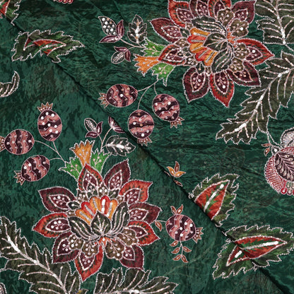 Emerald Green Multicolor Floral Embroidered Organza Fabric