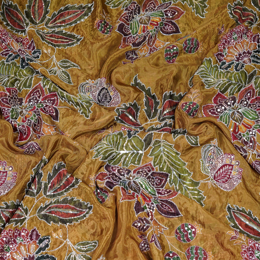 Mustard Gold Multicolor Floral Embroidered Organza Fabric