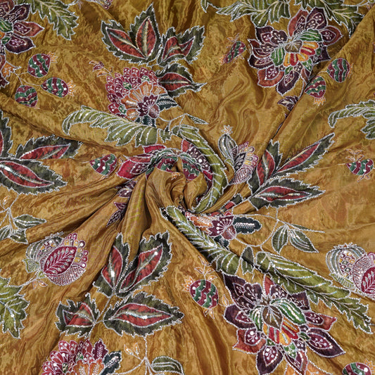 Mustard Gold Multicolor Floral Embroidered Organza Fabric