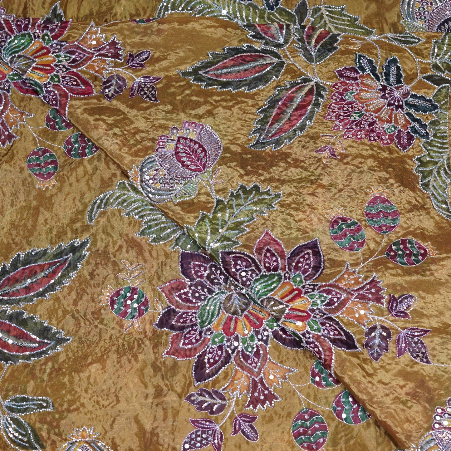 Mustard Gold Multicolor Floral Embroidered Organza Fabric