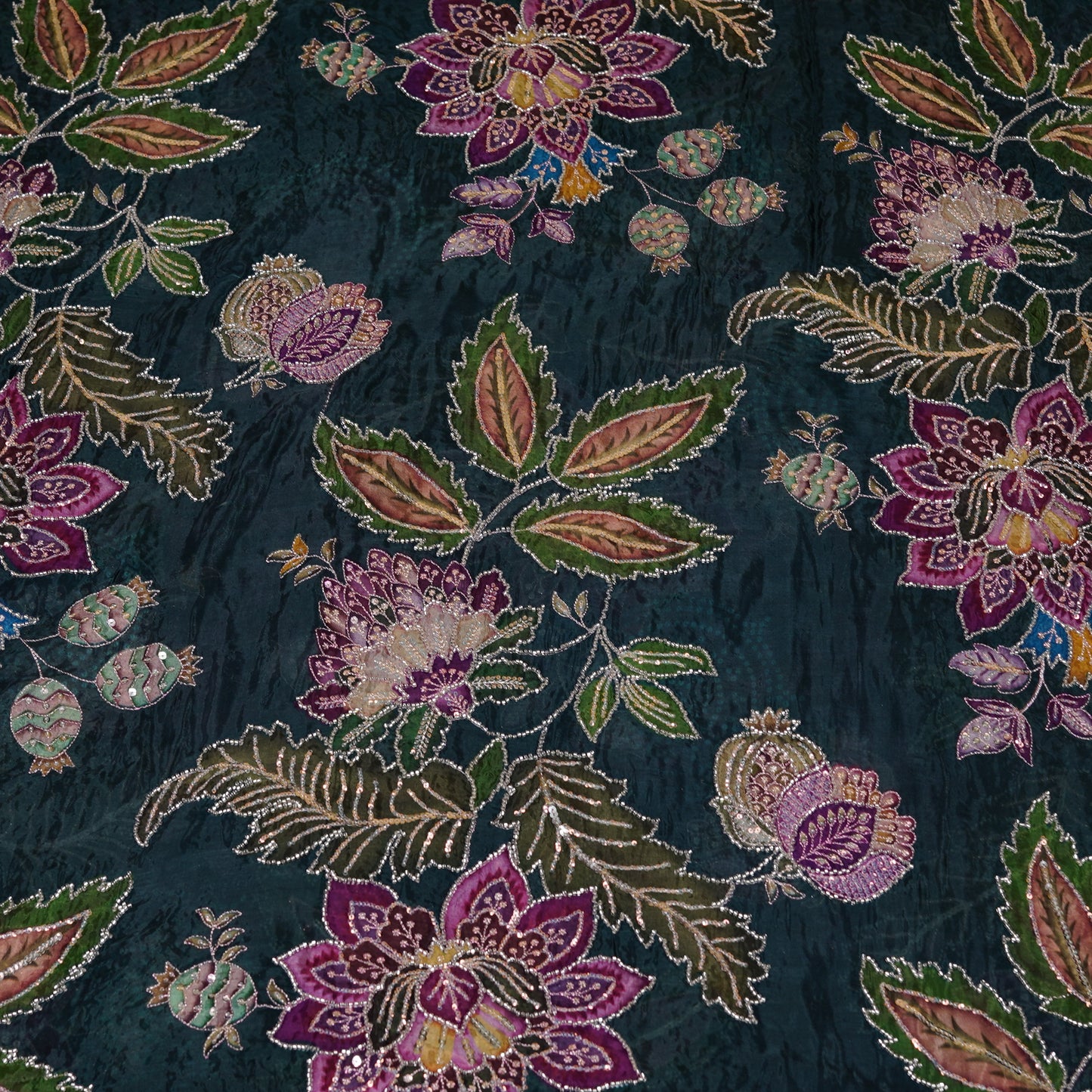 Teal Blue Multicolor Floral Embroidered Organza Fabric