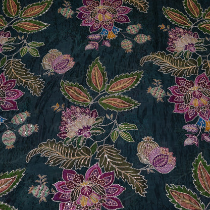 Teal Blue Multicolor Floral Embroidered Organza Fabric