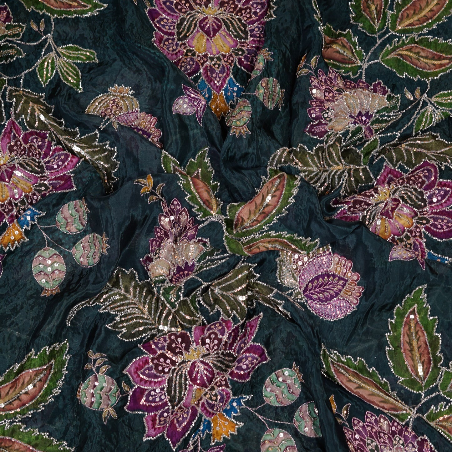 Teal Blue Multicolor Floral Embroidered Organza Fabric