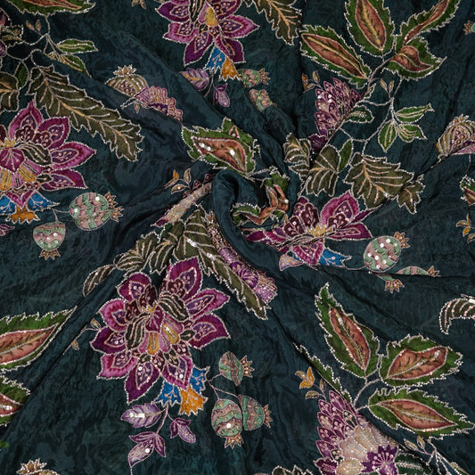 Teal Blue Multicolor Floral Embroidered Organza Fabric