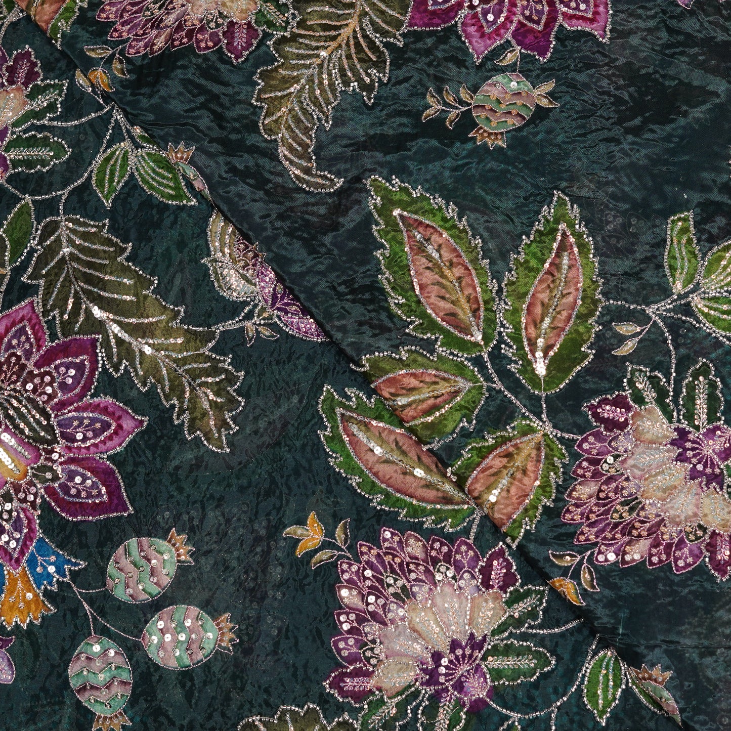Teal Blue Multicolor Floral Embroidered Organza Fabric
