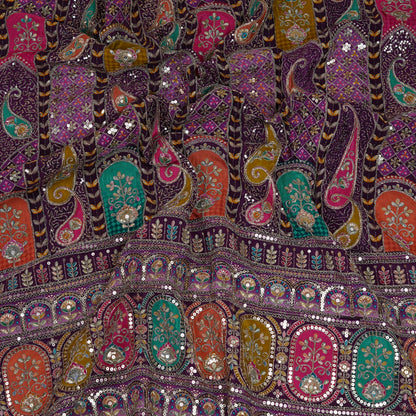 Royal Purple Multicolor Embroidered Crepe Fabric