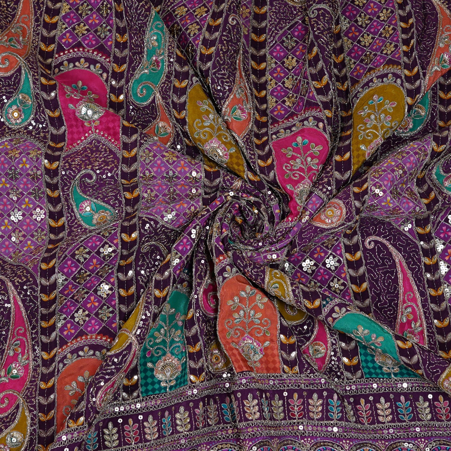 Royal Purple Multicolor Embroidered Crepe Fabric