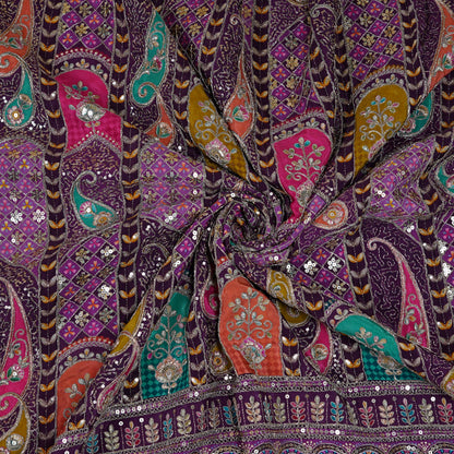 Royal Purple Multicolor Embroidered Crepe Fabric