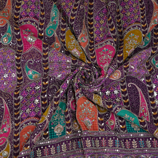 Royal Purple Multicolor Embroidered Crepe Fabric