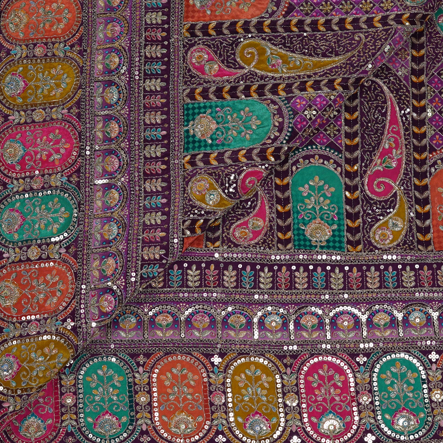 Royal Purple Multicolor Embroidered Crepe Fabric